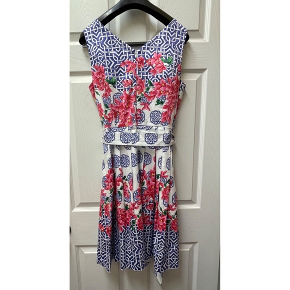 Talbots Women's Size 12P Floral Blue Grecian Tile Boatneck Fit and Flare Dress - Picture 5 of 13